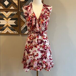 SALONI Printed Silk Blend V-Neck Ruffle Mini Dress size 4